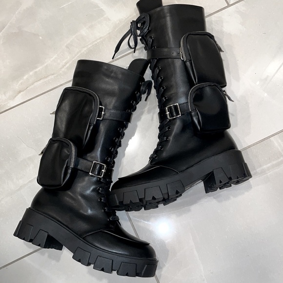 Dolls Kill Shoes - AWANG x Dolls Kill Tactical Double Zippered Pouch Knee High Combat Boots - NWT